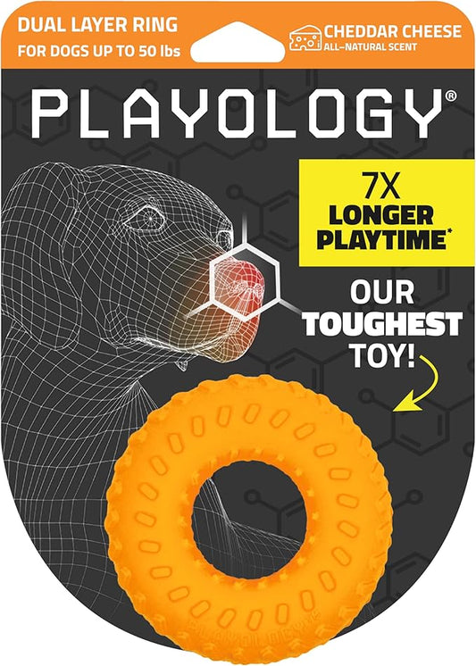 Playology Dog Toys | Dual Layer Ring Durable Chew Toy for Aggressive Chewers | Medium Cheddar Cheese Scented Toy - Easy to Clean and Made from Non Toxic Materials