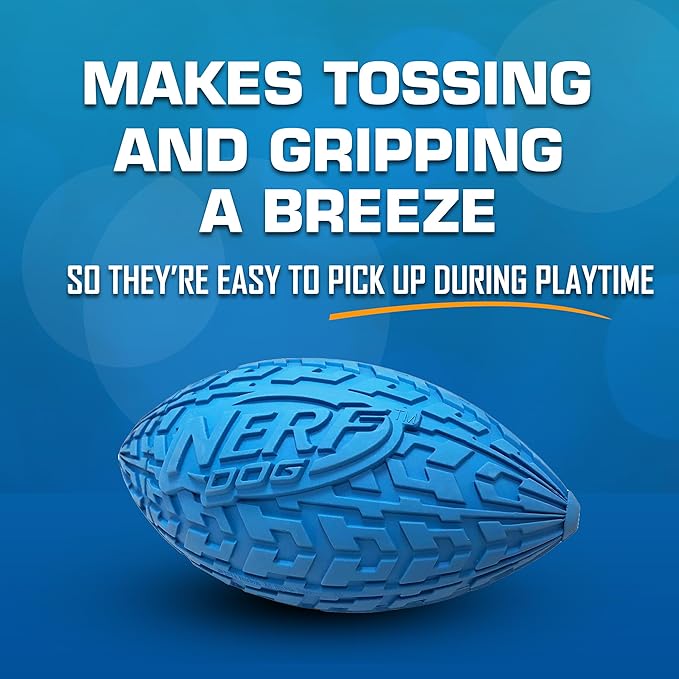 Nerf Dog Tire Squeak Football Outdoor Dog Toy, 6 Inch Dog Football Squeaking Toy for Medium and Large Breeds, Blue