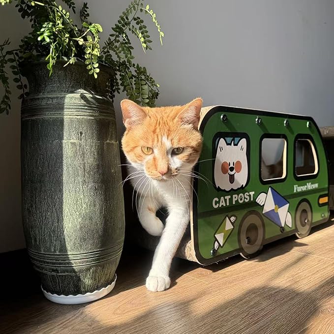 Cat Scratching House, Cat Cardboard House Green Bus, Long Scratching Post, 9x11.8x22 Inches, Fun Cube & Tunnel, Peekaboo Hideaway for Indoor Cats