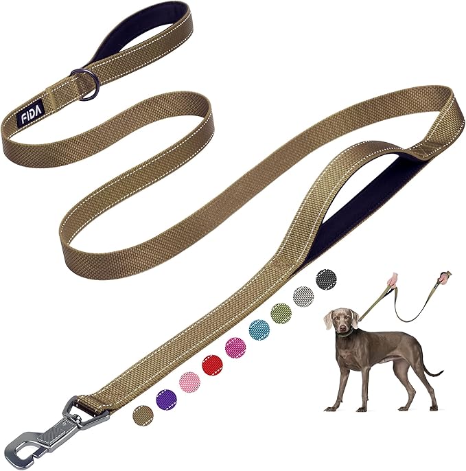 Fida 6 FT Heavy Duty Dog Leash with 2 Comfortable Padded Handles, Traffic Handle & Advanced Easy Snap Hook, Reflective Walking Lead for Large, Medium & Small Breed Dogs, Brown