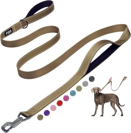 Fida 6 FT Heavy Duty Dog Leash with 2 Comfortable Padded Handles, Traffic Handle & Advanced Easy Snap Hook, Reflective Walking Lead for Large, Medium & Small Breed Dogs, Brown