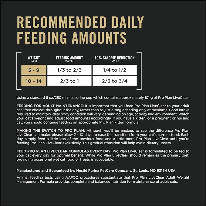 Purina Pro Plan LiveClear Cat Food Weight Management and Cat Allergen Reducer Chicken and Rice Formula - 3.2 lb. Bag