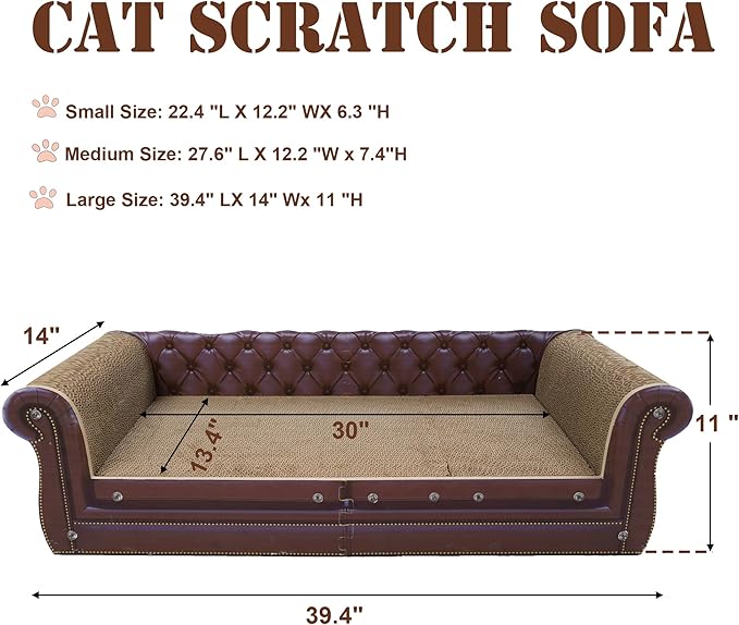 Scratching Sofa, Couch Shaped Thick Scratching Cardboard, Lounge Bed for Indoor Rest&Play, Sofa Scratcher Pad (Brown, 39.4" L X 14" W X 11" H)