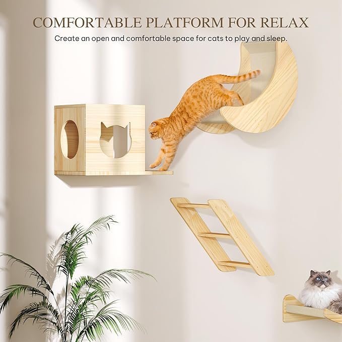 Cat Wall Shelves, 13-in-1 Solid Wood Wall-Mounted Cats Furniture Set with Scratching Post, Cat Climbing Wall Systems with 40''L Tunnel, Steps, Condos, House, Ladder, Cats Shelf Furniture
