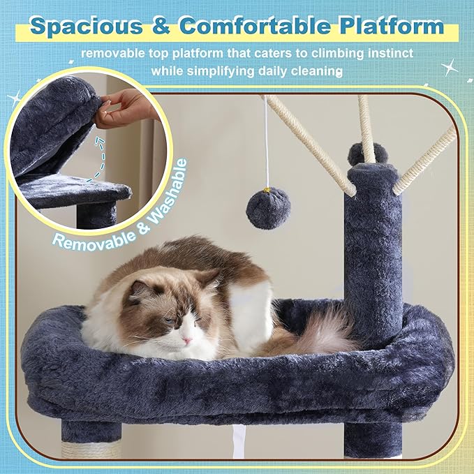 Hey-brother Cat Tree Tower, Scratching Posts with 3 Condos, Large Basket, Cozy Bed, Sisal Board, Step-by-Step Climbing Pathway and Toys, 74.8 inches Furniture for Big Indoor Cats, Smoky Gray MPJ081G
