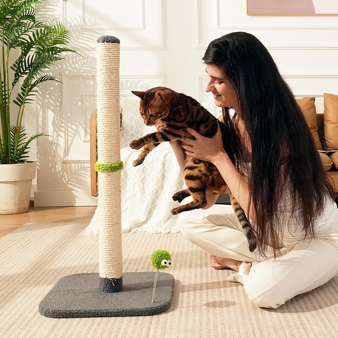 TINYBEAST 34" Tall Cat Scratching Post, Cat Scratcher Featuring Natural Sisal Rope, Cat Tree with Interactive Plush Toy Ball and Stable Base for Indoor Large Adult Cats & Kittens