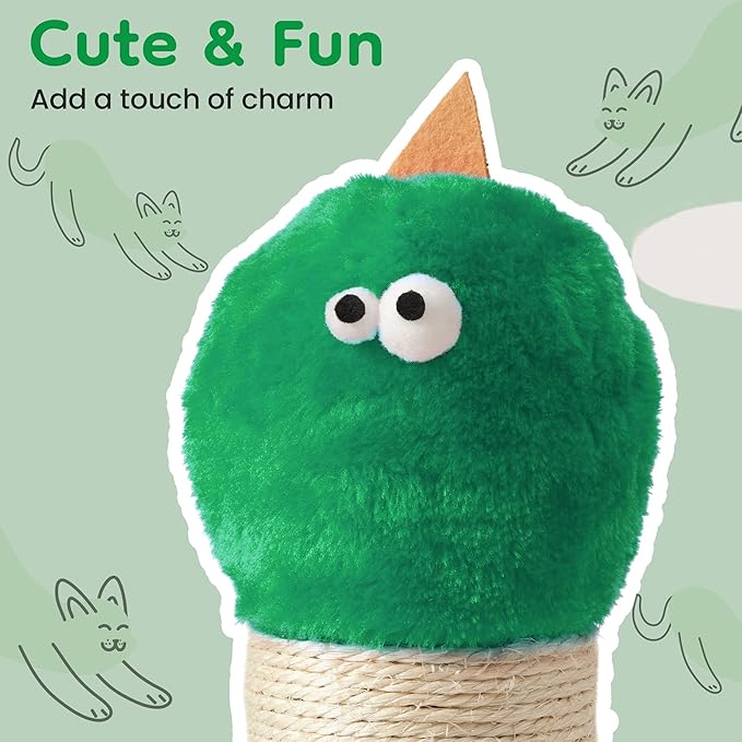 Indoor Cat Scratching Post: 22 in Tall Cat Scratcher with Natural Sisal Rope, Cute Monster Design Kitty Pet Tower with Sturdy Wood Base, Great Gift for Small and Large Kittens, Green