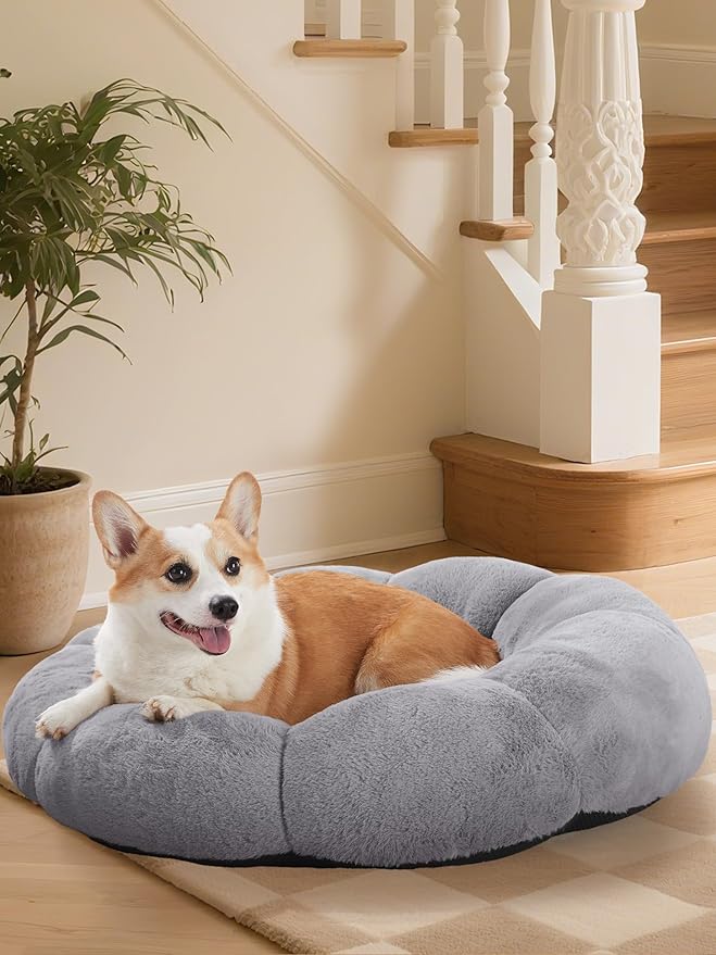 OhGeni 31 inches Calming Donut Orthopedic Dog & Cat Bed for Medium Pets, Warming Comfort Fluffy Short Pile Fur, Durable Waterproof Machine Washable Removable Cover, Round Bed for Puppy, Light Gray