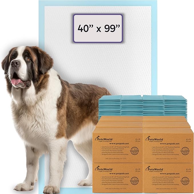 PETSWORLD Mega-Sized Dog Pee Pads (40" x 99") – 4XL Gigantic Pet Piddle Pads for Puppy Training, Incontinence – with Adhesive Sticky Tape – Leak Proof, 5-Layer Protection (240 Count)