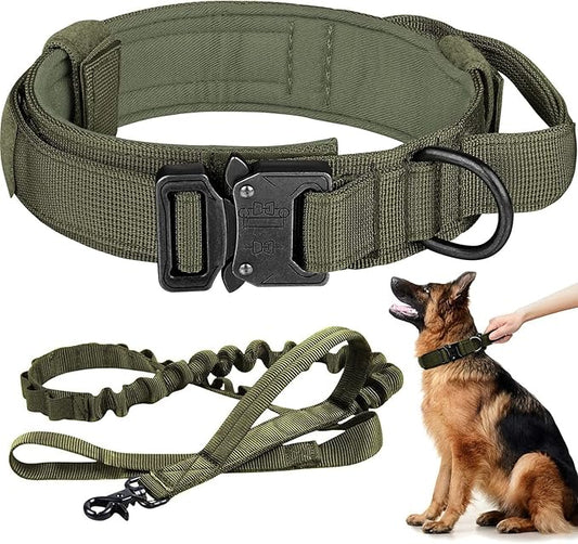 Tactical Dog Collar and Leash Set Heavy Duty Military Dog Collar with Handle and Metal Buckle for Medium and Large Dogs (Army Green, M)