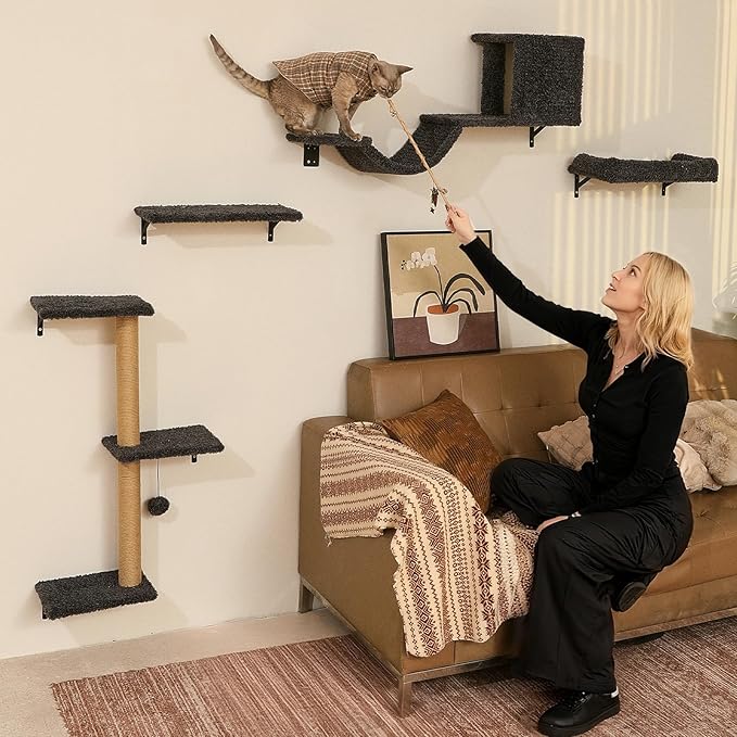 FUKUMARU Cat Wall Shelves, Stable & Safe 4 in 1 Cat Furniture Set, Wooden Climbing Wall with Scratching Post for 16 Inch Drywall - Gray