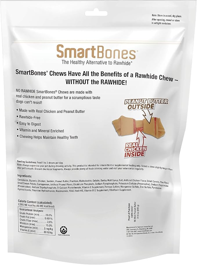 SmartBones Mini Bones with Real Peanut Butter 56 Count, Rawhide-Free Chews for Dogs (Pack of 2)