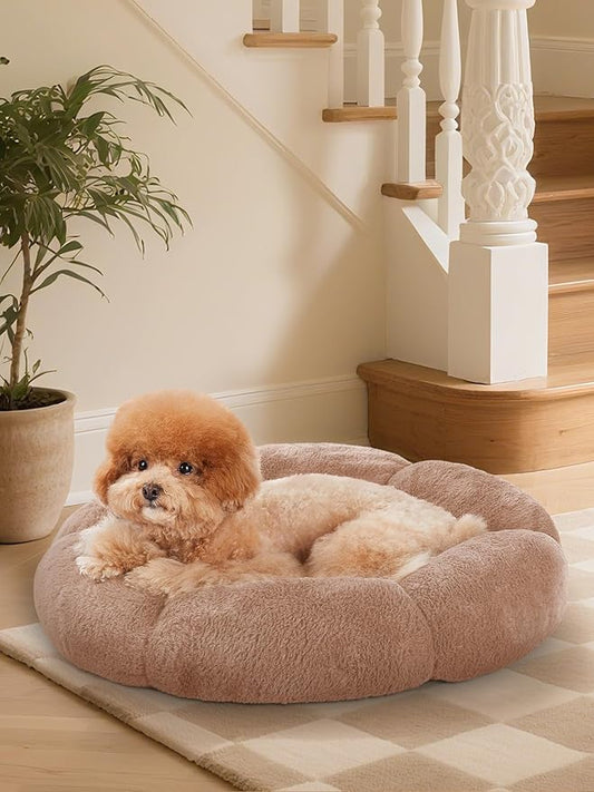 OhGeni 24 inches Calming Donut Dog & Cat Bed for Small Pets, Warming Comfort Fluffy Short Pile Fur, Durable Machine Washable Round Bed, Cute Round Bed for Puppy and Kitten, Camel