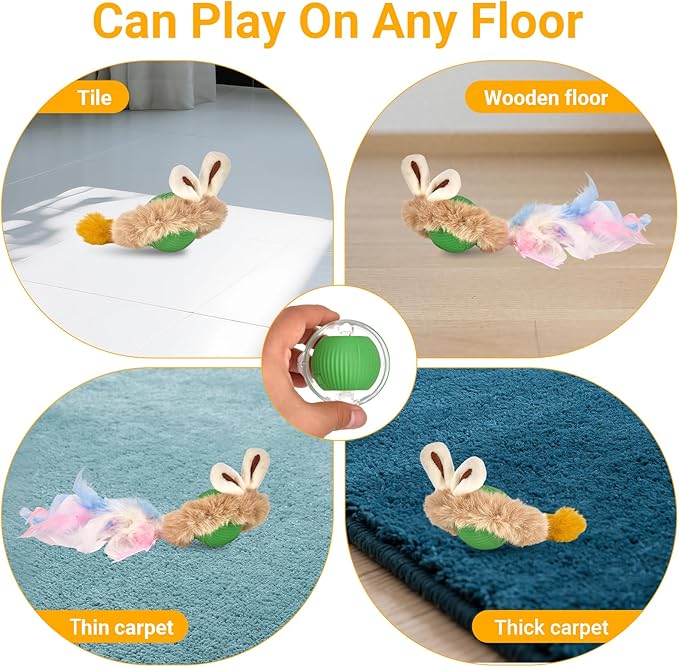 Interactive Cat Toy Ball, Automatic Cat Toys for Indoor Cats, Motion Activated Kitten Toys with 2 Replacement Tails, USB Rechargeable, Moving Cat Toys for Enrichment Exercise(Green)