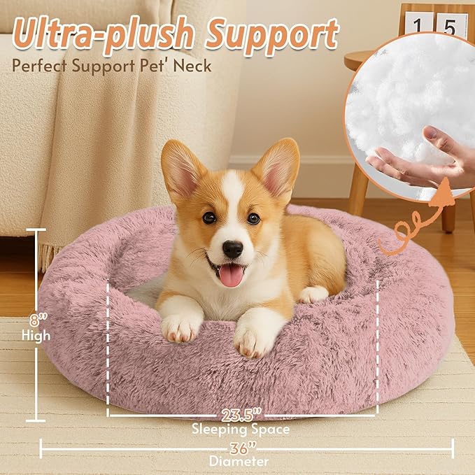 JOLLYVOGUE Calming Dog Bed Large Size Dog, Anti-Anxiety Donut Large Pet Bed, 36 inches Fluffy Faux Fur Round Cat Bed, Fits up to 75 lbs Pets (Dark Pink)