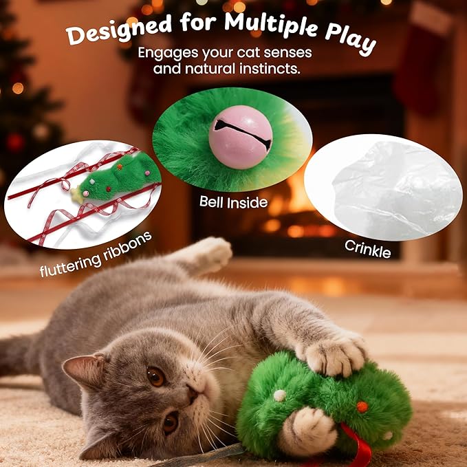 Nocciola 3 PCS Christmas Cat Wand Toys – Interactive Cat Christmas Toys Set with Reindeer, Tree and Santa Hat, Natural Catnip Toys and Silvervine Chew Sticks, Festive Teaser Wand for Kittens
