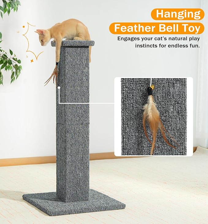 Made4Pets Cat Scratching Post, 32 Inch Carpet Covered Cat Scratcher with Kitten Toy, Tall Scratching Post for Indoor Cats Adults and Kittens, Grey