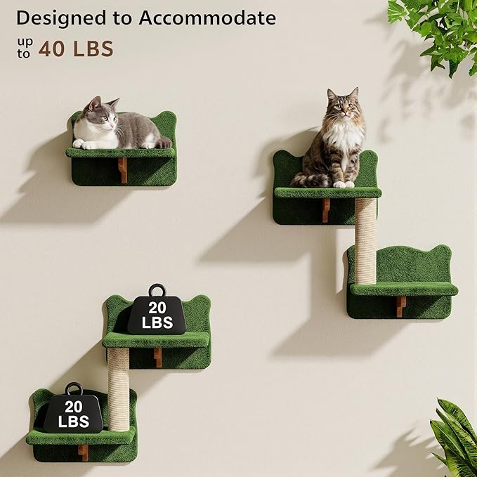 16-in-1 Cat Wall Shelves, Wall Mounted Cats Furniture Set w/Plush Fabric, Cat Climbing Systems, Cats Shelf with 40''L Tunnel, Condos, House, Steps, Bridge Ladder & Scratching Post, Green