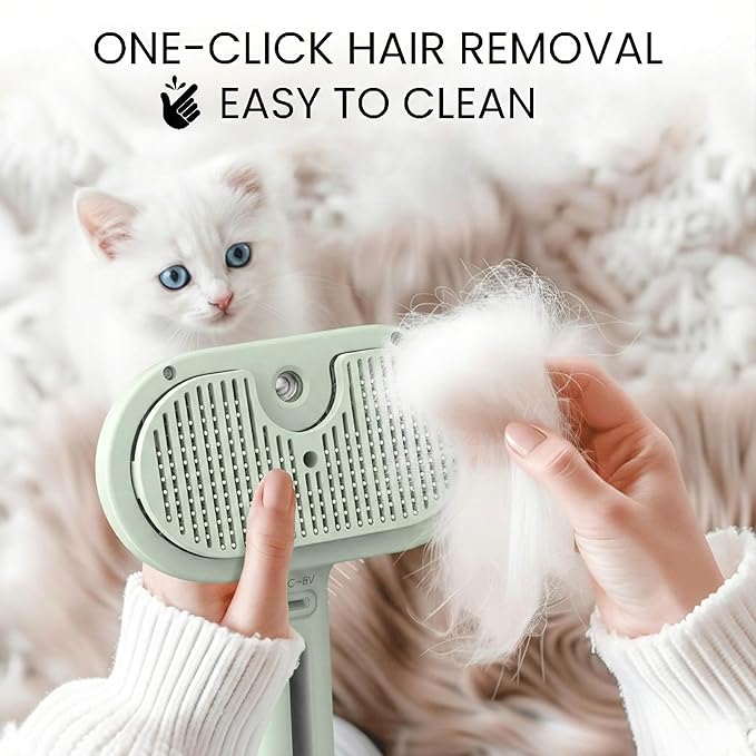 SHAZORY Pet Steam Brush for Dog & Cat - 3-in-1 Steam Grooming Brush for Shedding & Hair Removal - Self Cleaning Spray Comb with Mist for Long Haired Pets - Includes Water Refill Bottle - Green