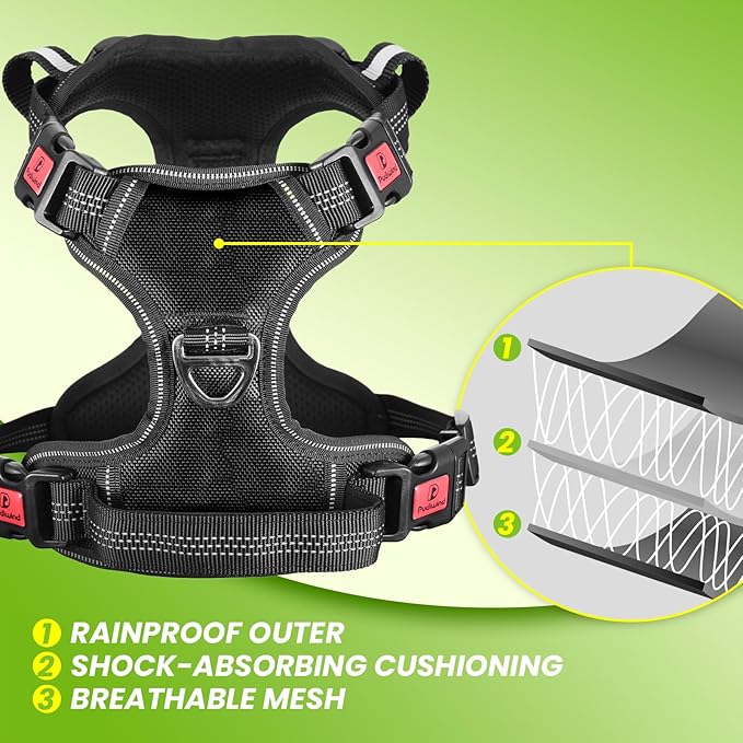 Black No Pull Adjustable Reflective Breathable Heavy Duty Dog Vest Harness for Medium Large Dogs with Quick Release Buckles Soft Padded Handle & Metal Front Back Clip for Walking Training, M