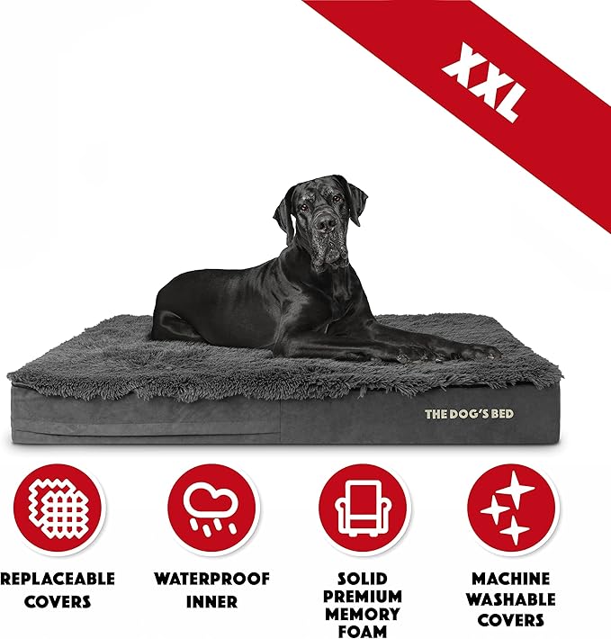 The Dog’s Bed Orthopedic Memory Foam Dog Bed, XXL Grey Fur, Pain Relief for Arthritis, Hip & Elbow Dysplasia, Post Surgery, Lameness Supportive, Calming, Waterproof Washable Cover, Veterinary Approved