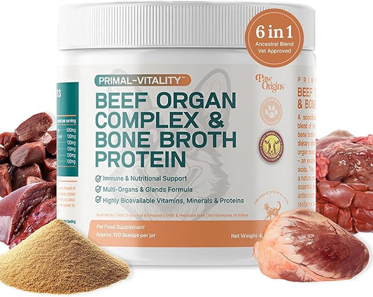 PawOrigins® Primal-Vitality™ Bone Broth Powder for Dogs – Grass-Fed Beef Organ Complex with Liver, Heart, Kidney, Pancreas, Spleen & Bone Broth Protein – Natural Dog Food Topper, 120 Servings