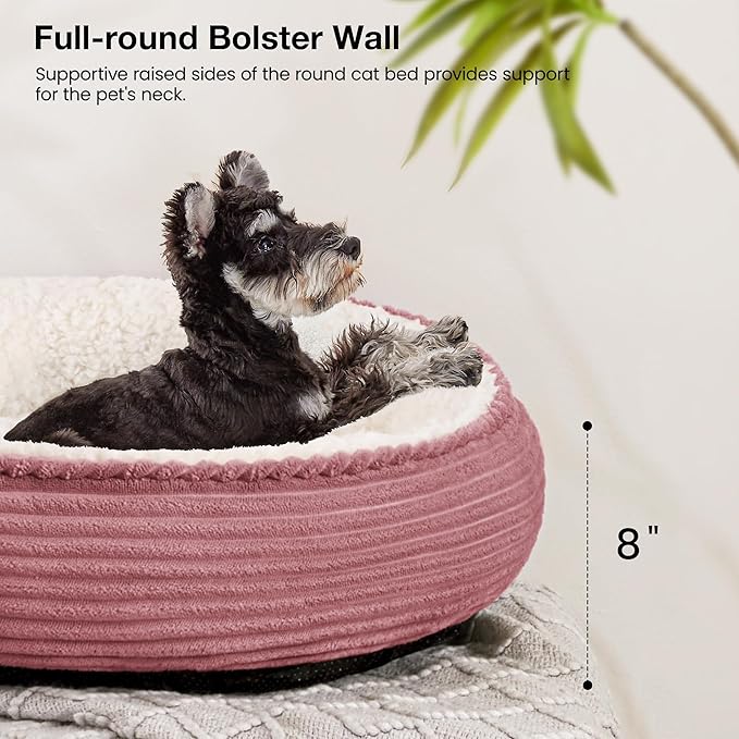 Love's cabin Round Donut Cat and Dog Cushion Bed, 25in Pet Bed for Small or Medium Dogs, Anti-Slip & Water-Resistant Bottom, Soft Durable Fabric Pet Beds, Washable Calming Cat Bed Dusty Rose Stripe