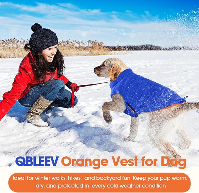 QBLEEV Reversible Dog Coat for Medium Dogs, Waterproof Windproof Winter Jacket Keeps Dogs Warm in Snow, Adjustable Hook & Loop Lightweight Dog Puffer Vest, Orange, L – Fits French Bulldog