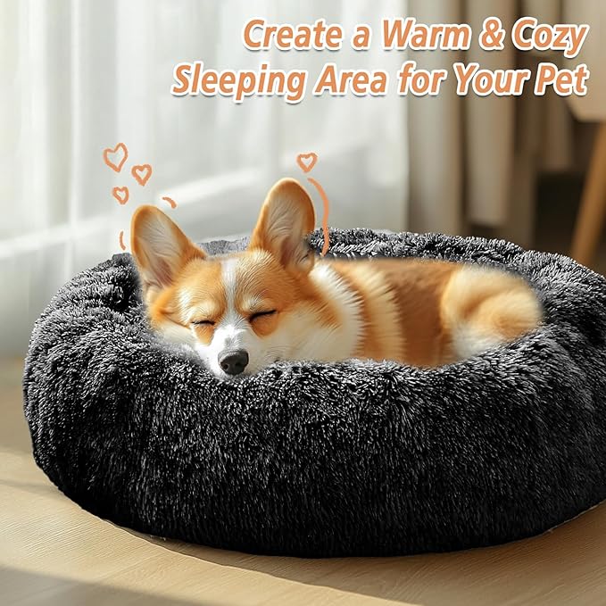 JOLLYVOGUE Calming Dog Bed for Small Dogs - 23 inches Donut Washable Small Dog Bed for Kittens & Puppies, Anti-Slip Round Fluffy Plush Faux Fur Cat Beds (Fits up to 25 lbs Pets, Black)