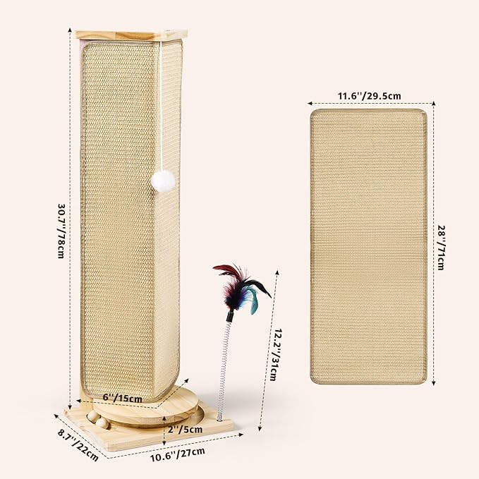 Couch Corner Cat Scratcher, 31'' Tall Cat Scratching Post with Interactive Ball Toys, Replaceable Sisal Scratch Pad for Indoor Cats, Furniture Protector for Sofa Wall
