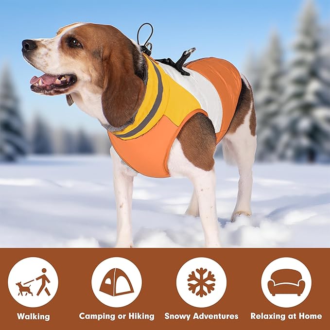 azuza Dog Coats for Large Dogs Waterproof Dog Coat with Reflective Strips and Harness Built in Warm Fleece Dogs Winter Coat Windproof with Back Zipper, Orange 3XL