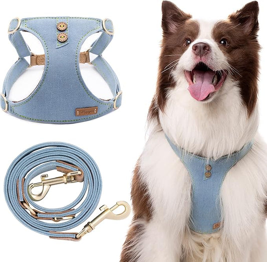 Dog Harness, No Pull Dogs Harness and Multi-Function Leash Set for Medium Dogs Easy Walk Everyday Adjustable Soft Dog Vest Harness Fashionable Dog Accessories Glacier Blue Button-Slim Large
