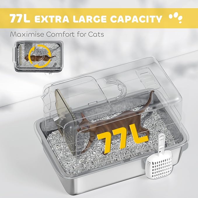 PawHut Stainless Steel Cat Litter Box, Extra Large 2 in 1 Metal Kitty Litter Pan with High Enclosure, Removable Lid & Scoop, Filter Bags, Easy to Clean, for Small to Large Kittens, White