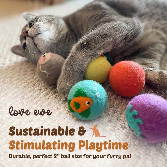 Hustle & Blush Love Ewe Felted Cat Toys 3 Pack - 2 Inch Fish & Bird Hand Made Cute & Fun Design Kitten Wool Felt Balls for Indoor Play & Exercise - 100% New Zealand Handmade - Holiday Pet