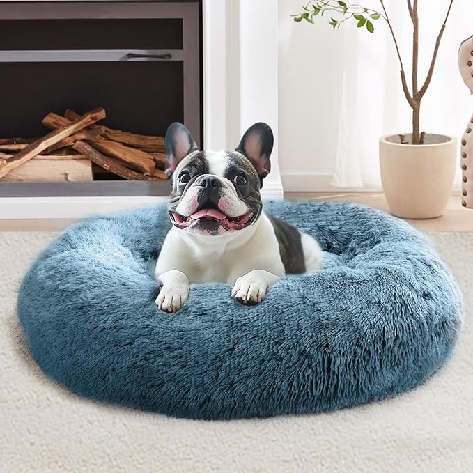 JOLLYVOGUE Calming Small Dog & Cat Bed for Indoor Cats - 20 inches Washable Donut Bed for Kittens & Puppies, Anti-Anxiety Round Fluffy Plush Pet Beds (Fits up to 15 lbs, Blue)
