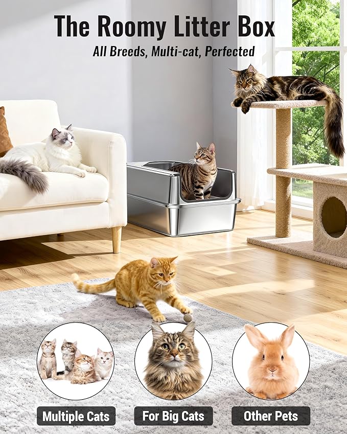 PETNF All Metal Cat Litter Box - All Stainless Steel Litter Box, Odor-Free Large Capacity with Included Litter Scoop, Leak-Proof High-Sided, Easy-to-Maintain for Big Cats & Multi-Cat Homes (1 Pack)