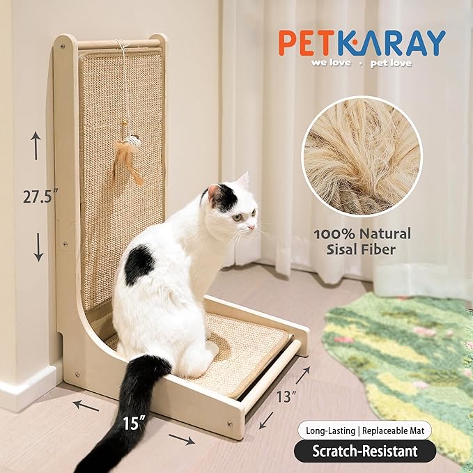 PETKARAY Cat Scratcher, Sisal Cat Scratch Pad, L Shape Scratching Board for Indoor Kitty, Floor Mounted Scratcher with Mouse Toy Catnip