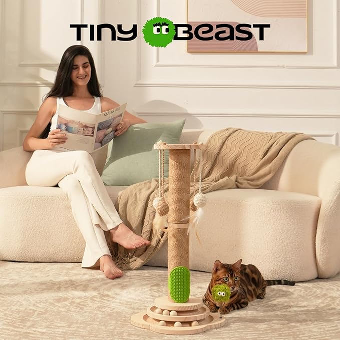 TINYBEAST Wooden Cat Scratching Post, 4 in 1 Cat Scratcher Toy with Cat Ball Tracks, 25" Tall Sisal Scratch Post for Indoor Kittens Adult Cats, Interactive Feather Toy and 4 Sisal Hanging Balls