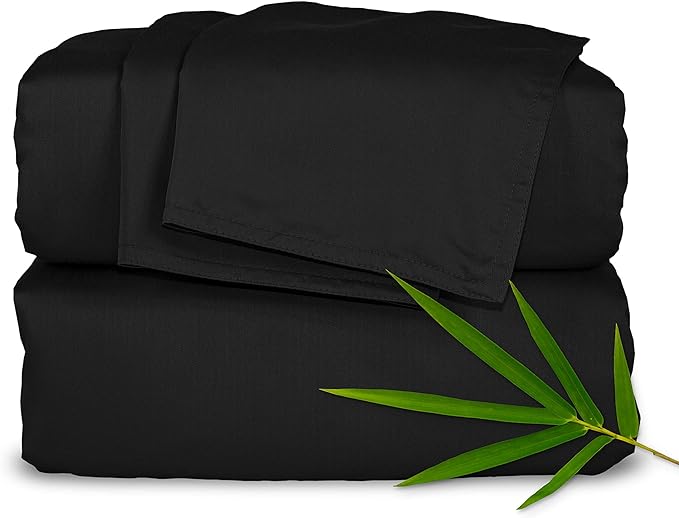 Pure Bamboo Split King Sheets, Genuine 100% Organic Viscose Derived from Bamboo Bed Sheet Set, Soft & Cooling, Double Stitching, 2 Fitted Sheets (Split King, Black)