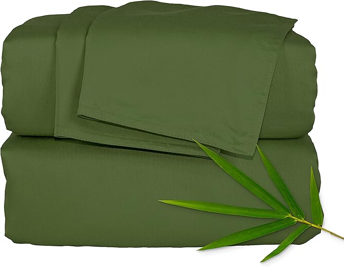 Pure Bamboo Split King Sheets, Genuine 100% Organic Viscose Derived from Bamboo Bed Sheet Set, Soft & Cooling, Double Stitching, 2 Fitted Sheets (Split King, Pesto)