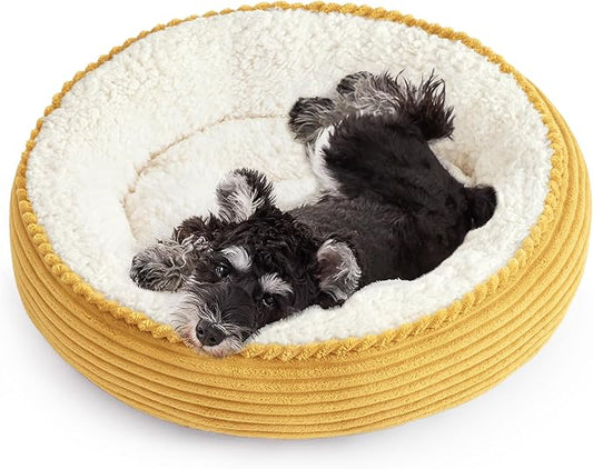 Love's cabin Round Donut Cat and Dog Cushion Bed, 25in Pet Bed for Small or Medium Dogs, Anti-Slip & Water-Resistant Bottom, Soft Durable Fabric Pet Beds, Washable Calming Cat Bed Yellow Stripe
