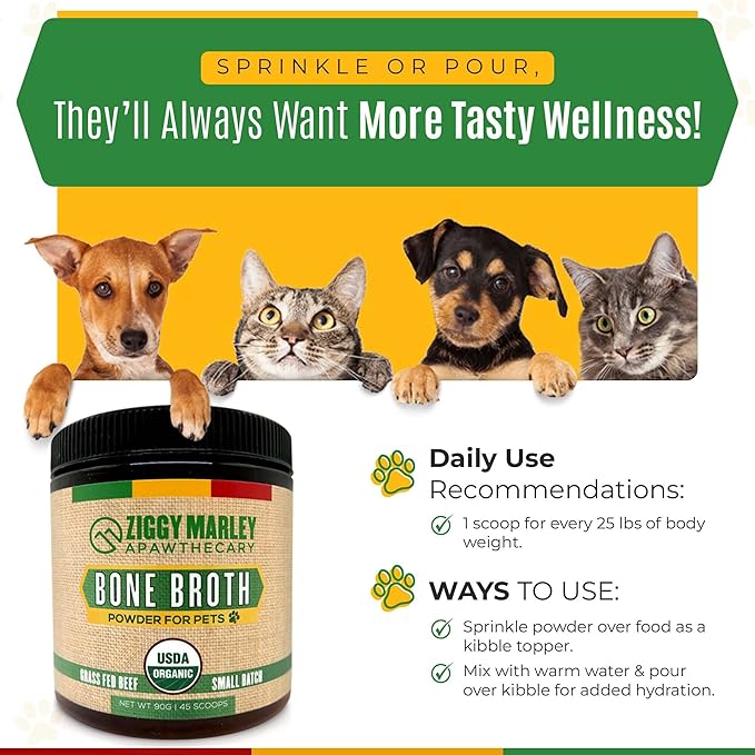 Ziggy Marley's USDA Organic Beef Bone Broth Powder for Dogs & Cats - Support Joints, Coat, and Skin - Human Grade Grass Fed Beef, 90 Grams