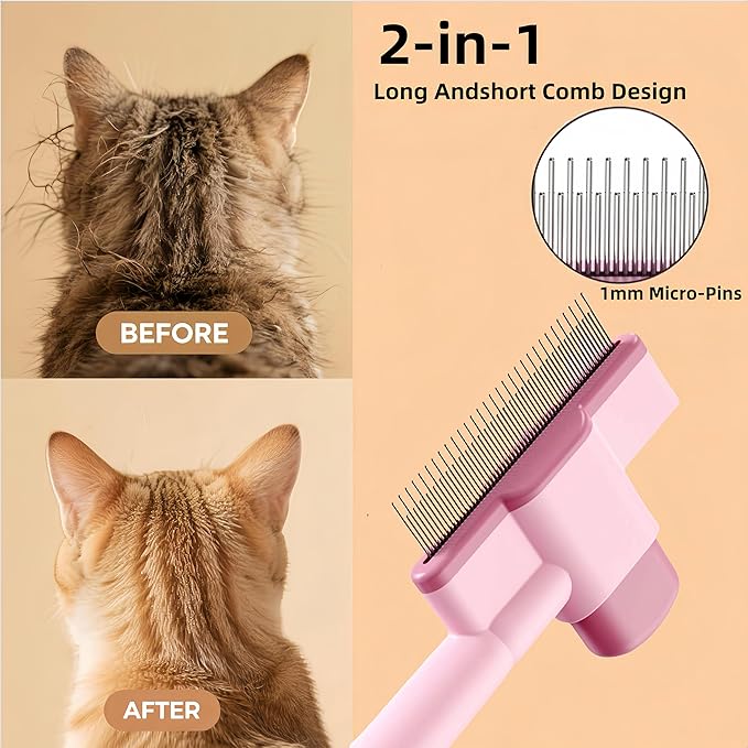 Pet Comb-2 Pack,Flea Comb for Cats&Dogs Cleaning Removal Comb Pet Hair Gentle with Release Button,Kittens Pet Comb to Groom Hair and Knots (Pink & Blue)