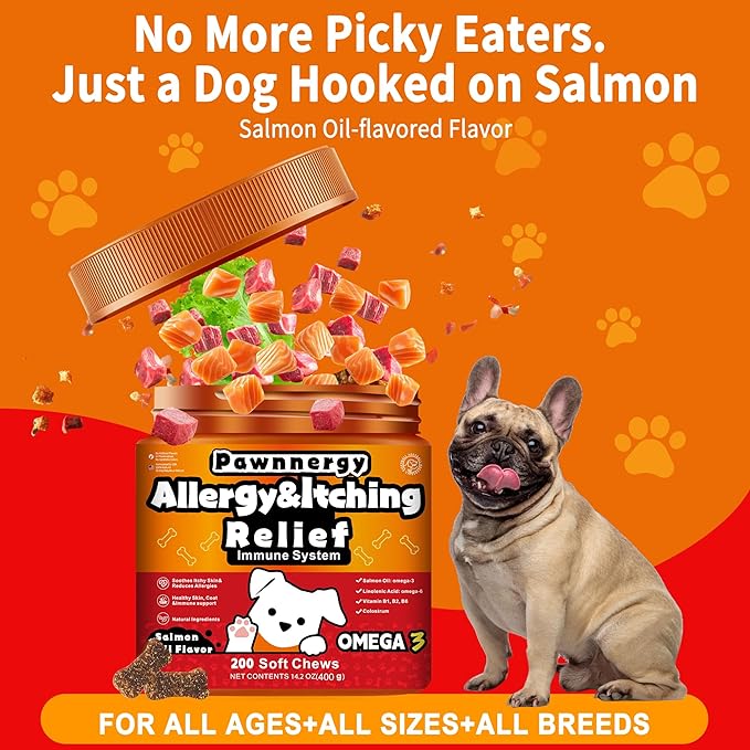 Dog Allergy & Itch Relief Chews - Salmon Oil Omega-3, Omega-6, Vitamin B1/B2/B6, Colostrum Probiotics Supplement for Seasonal Allergy, Hot Spots, Paw Licking, Scratching, 200 Soft Chews