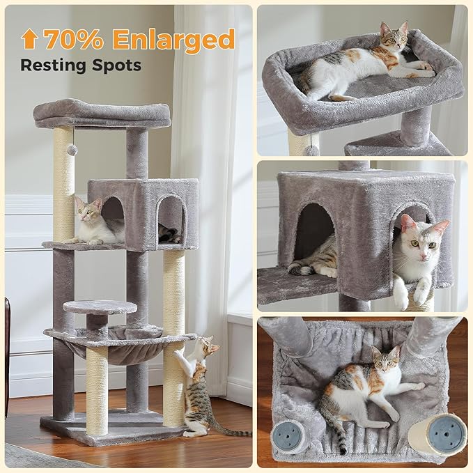 Large Cat Tree for Indoor Cats Large Adult, 57.8" Heavy Duty Cat Tower with Reinforced Scratching Posts (φ3.2in) and Plush Larger Hammock for Maine Coon & Big Cats, Supports 30lbs, Grey