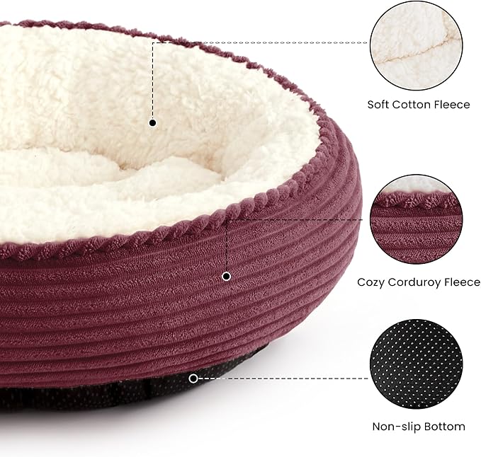 Love's cabin Round Donut Cat and Dog Cushion Bed, 25in Pet Bed for Small or Medium Dogs, Anti-Slip & Water-Resistant Bottom, Soft Durable Fabric Pet Beds, Washable Calming Cat Bed Burgundy Stripe