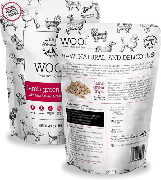 The New Zealand Natural Pet Food Co WOOF Freeze Dried Dog Treats - Lamb Green Tripe, High Protein, Large & Small, Topper or Dog Treat - 1.4 oz