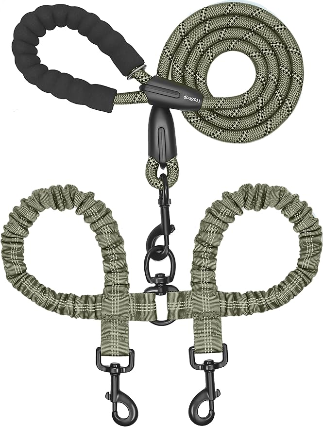 iYoShop Dual Dog Leash - 360° Swivel, No Tangle Walking Leash with Shock Absorbing Bungee for Two Dogs (Large, 25-150 lbs, Military Green)
