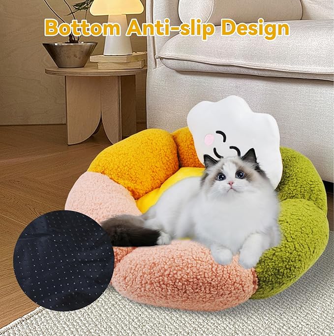 Cute Flower Cat Bed with Cloud Pillow,Calming Donut Bed for Indoor Kittens Washable Fluffy Cat Sleeping Nest Anti-Slip Bottom for Small Pet Kitten