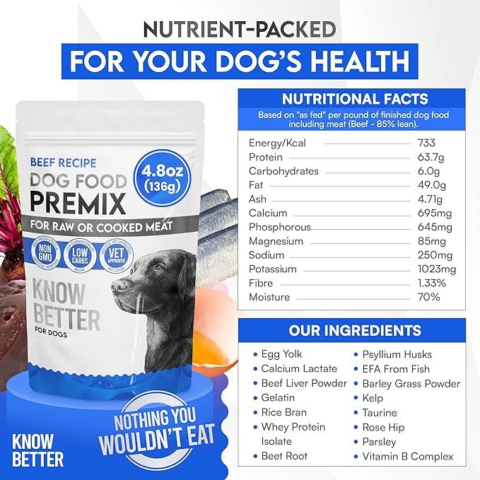 Know Better for Dogs Raw Mix Dog Food - Holistic Vet Approved Supplements for Dogs w 100% Human Grade Ingredients, No Additives/Grain Free - Premix Dog Supplement Powder for Homemade Dog Food, Beef
